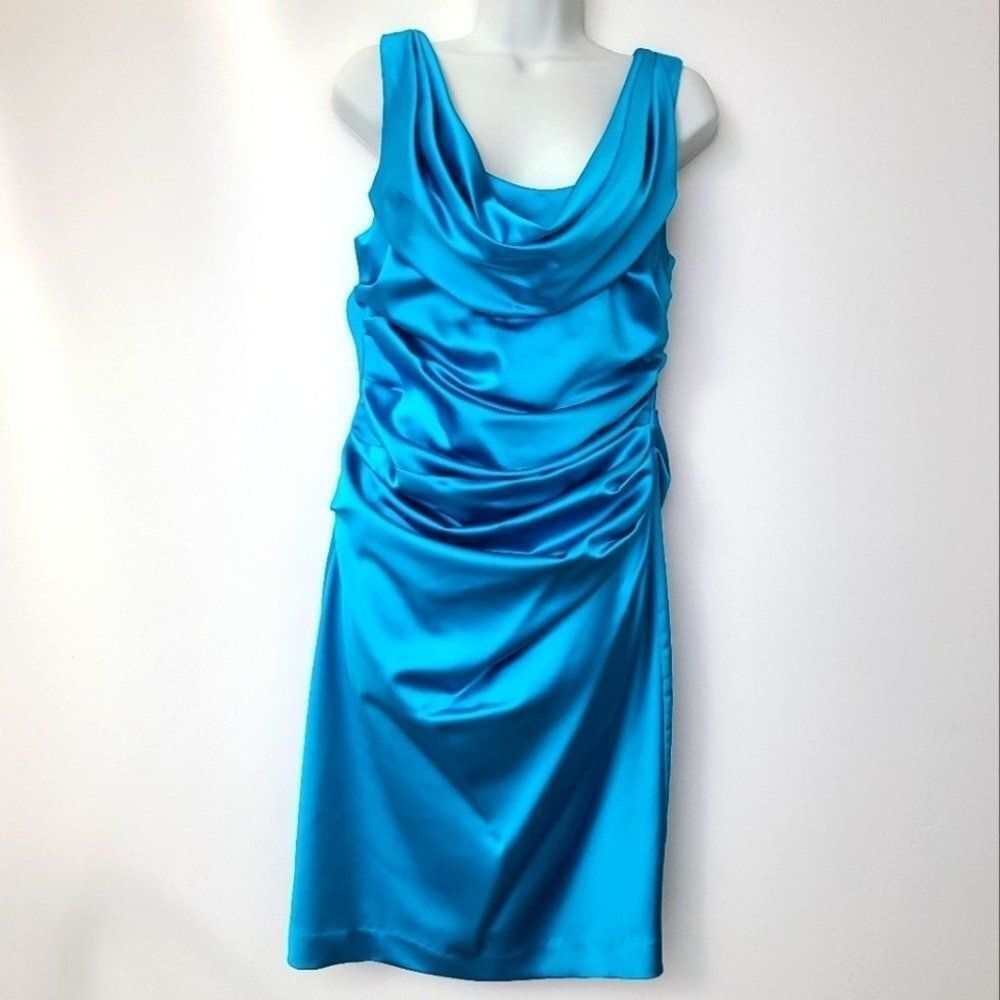 David's Bridal Malibu Blue Satin Ruched Draped Neck Dress 10